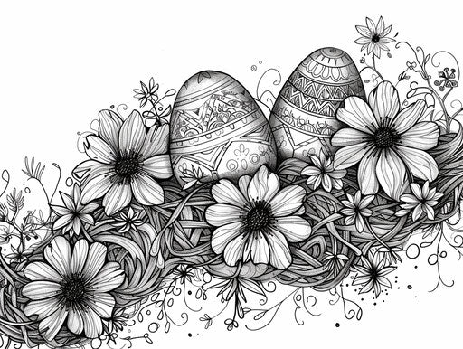 Easter eggs and flowers coloring page, heavy inking style
