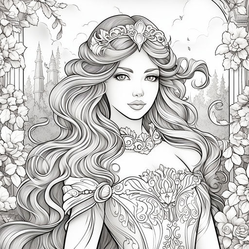 Princess with Long Hair in the Garden - Coloring Page