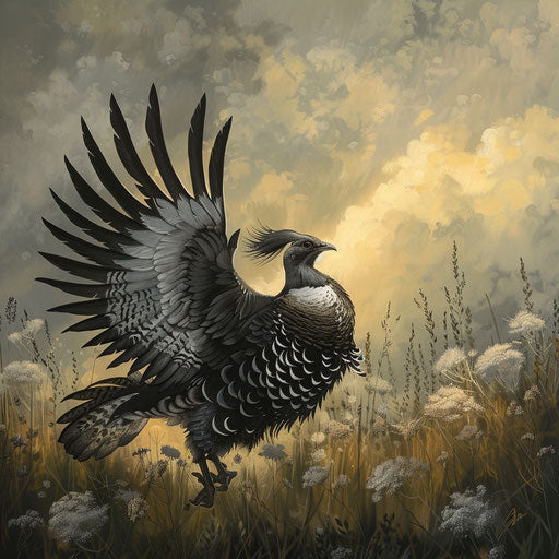 Sage grouse displaying plumage in a meadow