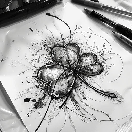 Dynamic sketch of a clover with abstract splatter effects