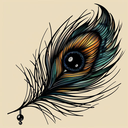 Flat tattoo sketch of a black pearl in the eye of a stylized peacock feather