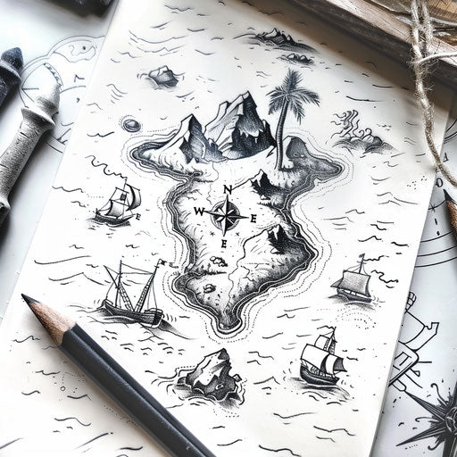 Sketch of a map showing a treasure island, with X marking the spot, surrounded by ocean waves, as a tattoo design, on a white backdrop.