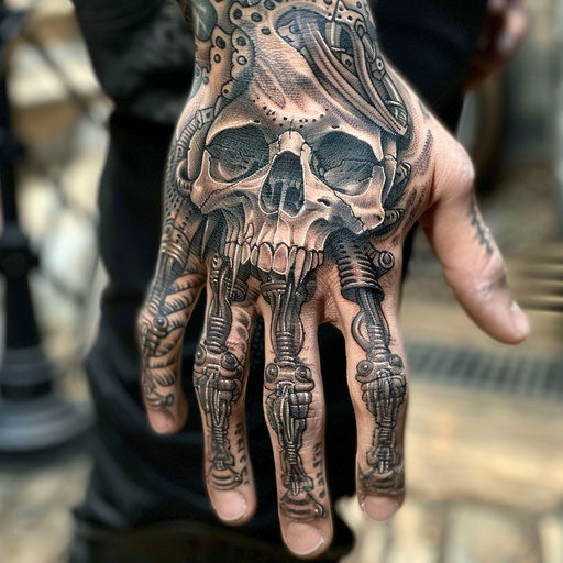Skull hand tattoo in the style of Guy Aitchison with intricate biomechanical designs