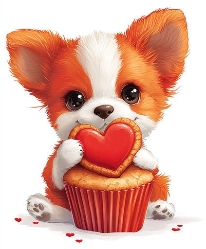 Adorable red and white puppy with heart-shaped cookie in cupcake paper