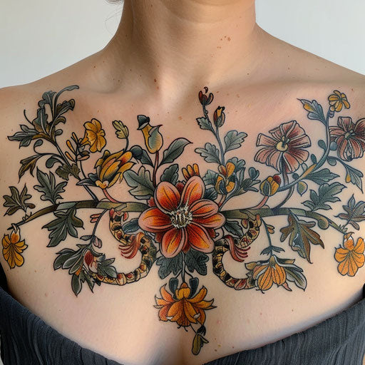 Botanical chest tattoo for women inspired by Maria Sibylla Merian