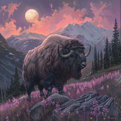 Musk ox in an artistic landscape with detailed fur