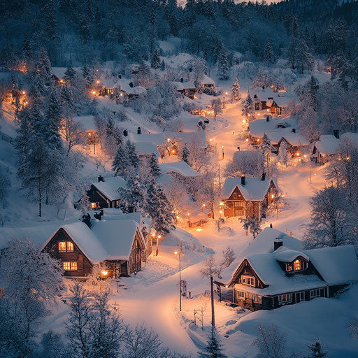 Warm glow of a snowy village at dusk