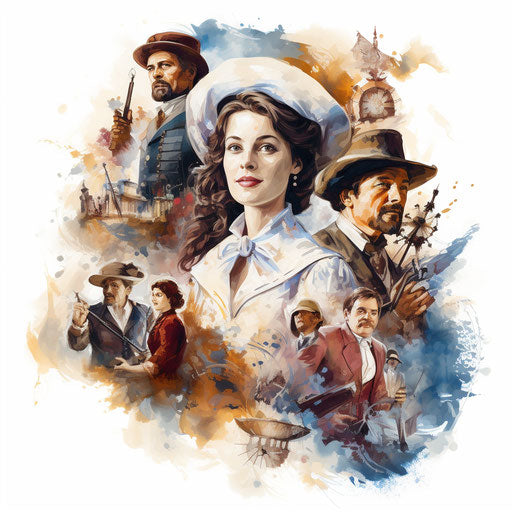 Historical illustration in the style of oil painting, on white background