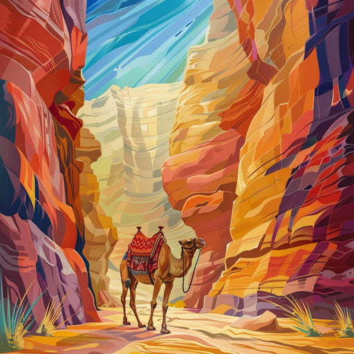 Camel's journey in a desert canyon