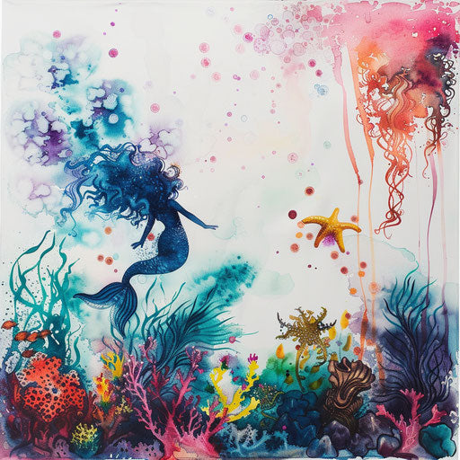 Underwater scene with a mermaid and sea creatures, vibrant watercolor effect