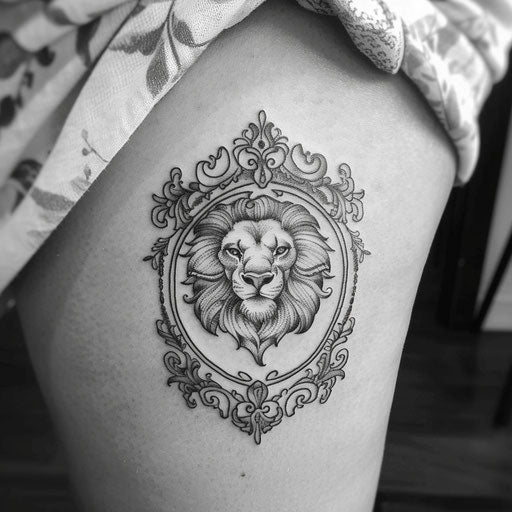 Small lion tattoo, in the style of Ami James