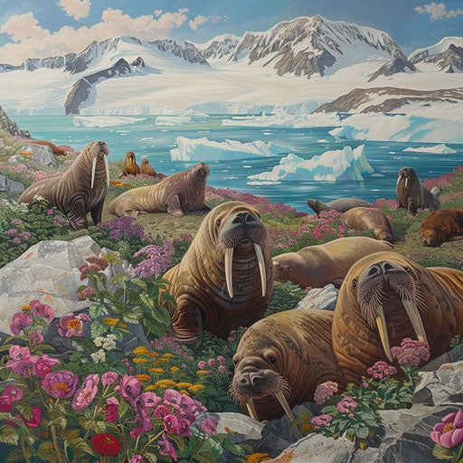 Vibrant ecosystem of walrus seal habitat, diverse Arctic wildlife