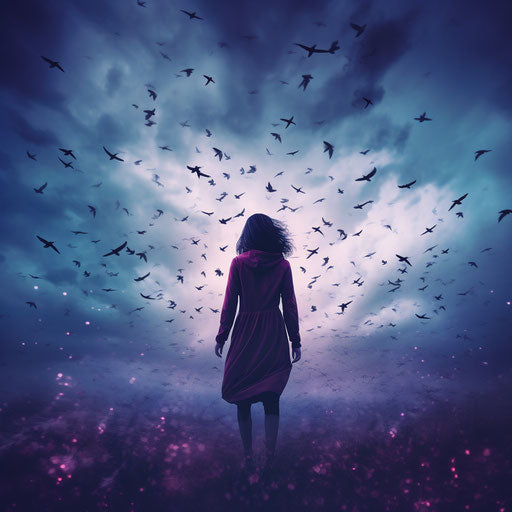 Silhouette of a girl in the sky with birds flying, in the style of dark teal and dark purple, faded memories, trapped emotions depicted, calming, poignant