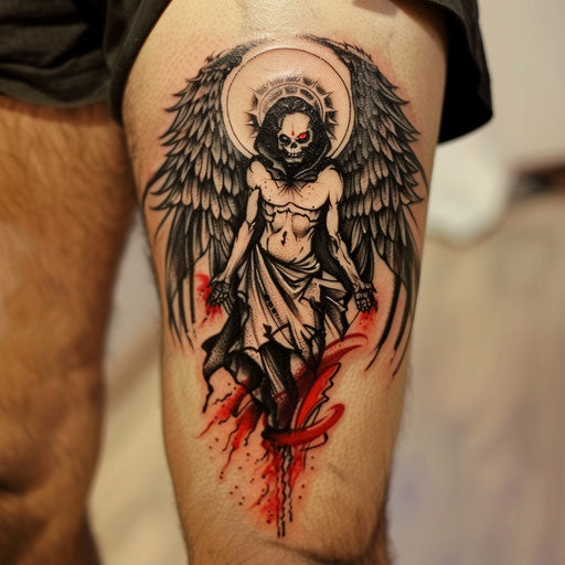 Bold sketch of the angel of death with fiery eyes tattoo