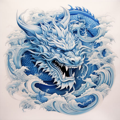 Blue dragon kawaiipunk style, tattoo, bamileke art, porcelain, silver and blue, neogeo