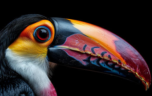 Close-up portrait of colorful toucan's beak on black background