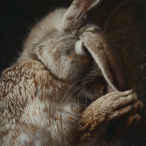 A rabbit grooming itself closely