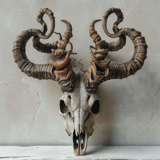 Animal skull with long horns, blending natural and fantastical