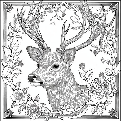 Deer design with intertwined antlers, vines, and flowers