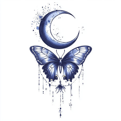 Butterfly tattoo women, deep blue crescent moon