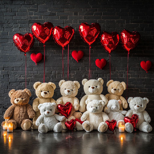 Teddy bears and heart balloons on a brick background for Valentine's Day