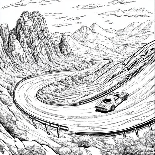 Race car on a winding mountain road, Stephen Wiltshire style
