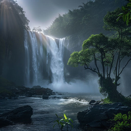 Athirapally Falls with dramatic lighting and misty ambiance