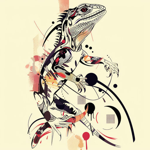 Surreal clipart style flat tattoo sketch of a lizard morphing into abstract elements