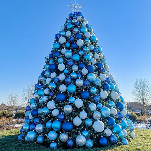 Blue Christmas tree under a clear winter sky