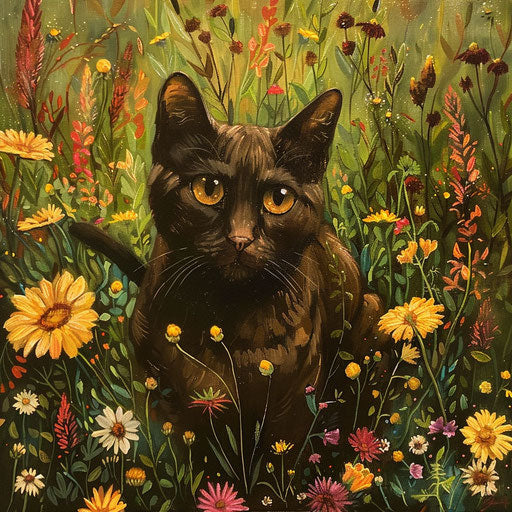 Brown cat in a field of flowers