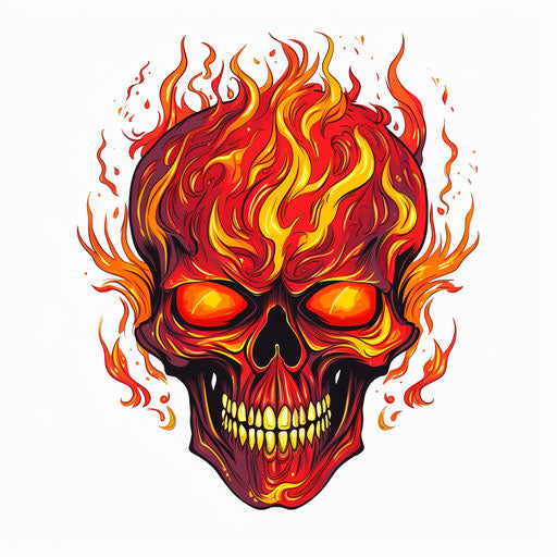 Fire skull on white background, edgy caricatures style, dark yellow and light red, thriftcore, mythological references, heavy lines