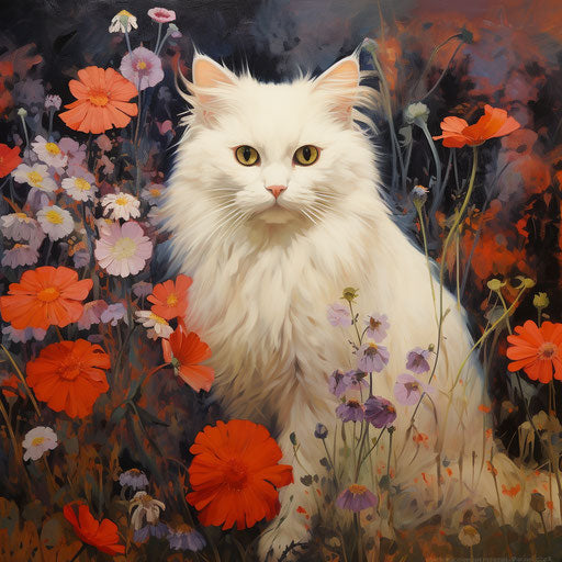White cat in a field of flowers