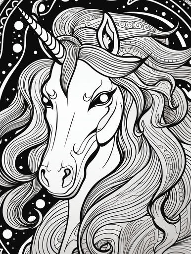 Unicorn coloring page with long hair, shiny eyes, cartoonish simplicity 3:4