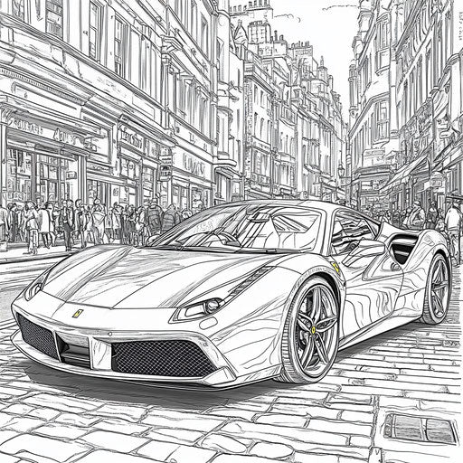 Ferrari parked in a busy urban environment, in the style of Stephen Wiltshire, highly detailed and realistic Coloring book page