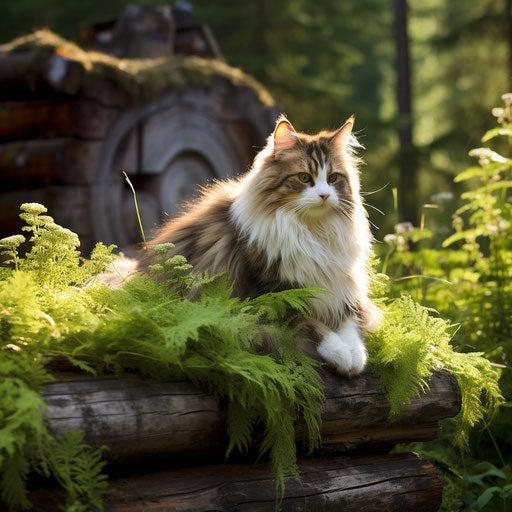 Norwegian forest cat in front of a log cabin