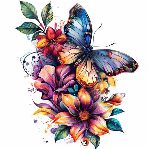 Vibrant butterfly and flower tattoo on white background