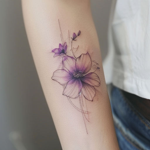 Minimalist violet flower tattoo illustration with fine lines and a splash of purple, on white background