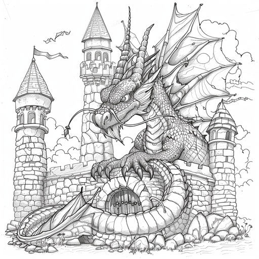 Whimsical dragon curled around a castle turret