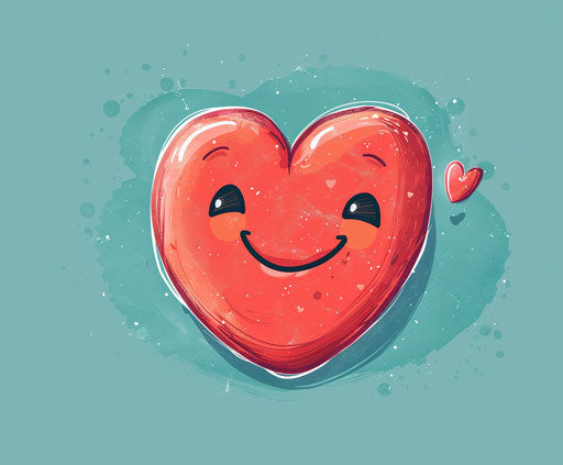 Tiny smiling red heart on cute pink face