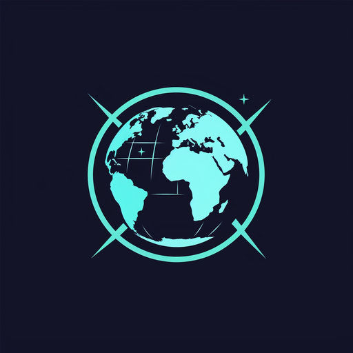 Minimalist globe logo with simplified continents and latitude/longitude lines