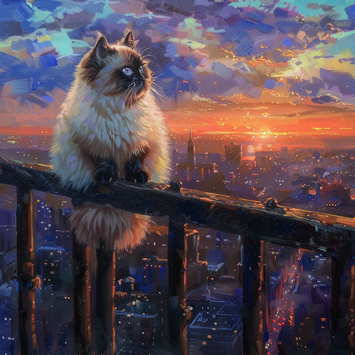 Himalayan cat on a balcony overlooking a cityscape at sunset
