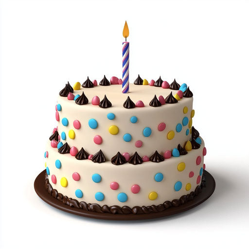 3D birthday cake, photo realistic style, flat white background