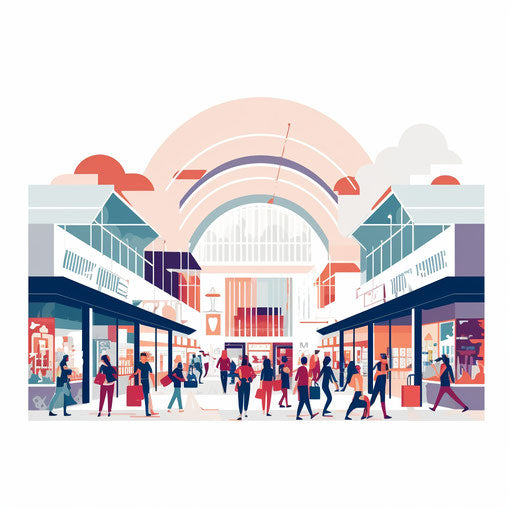 Minimalist style artwork of a mall on white background