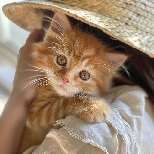 Person holding an orange kitten with a straw hat