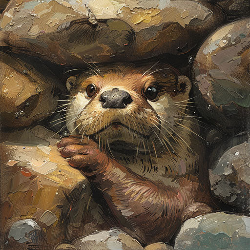 Curious otter behind river stones