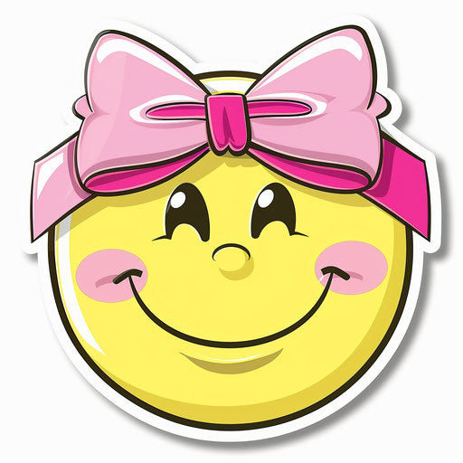 Smiling emoticon sticker with pink bow, yellow, social commentary