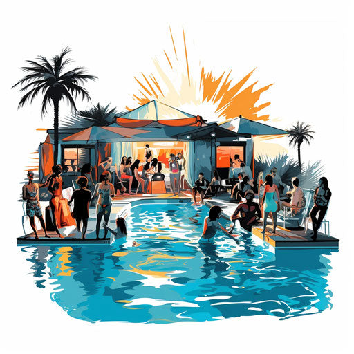 Pool party illustration in the style of Chiaroscuro Art, on a white background
