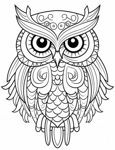 Owl coloring page with blank words, security camera art style