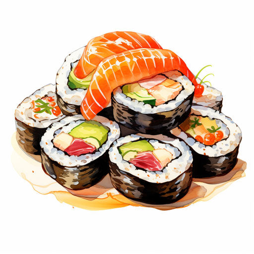 Sushi illustration in the style of Oil painting, on a white background