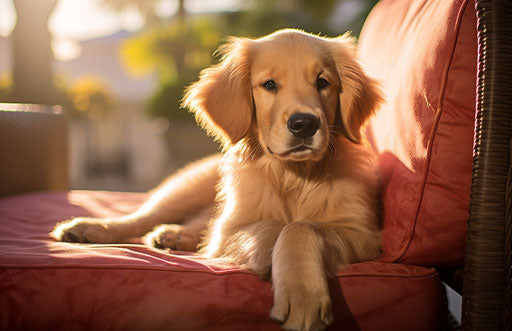 Dog sitting on patio furniture, golden retriever puppy play